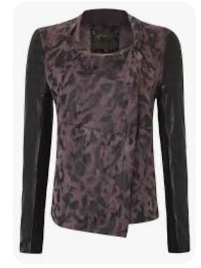 Muubaa Genuine Leather Plum Animal-Print Jacket with Black Sleeves
